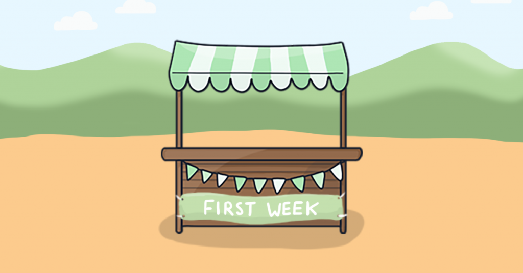 This is an illustration of the First Steps stall from our Careers Fayre map. The wooden stall has a green and white striped roof with matching bunting.