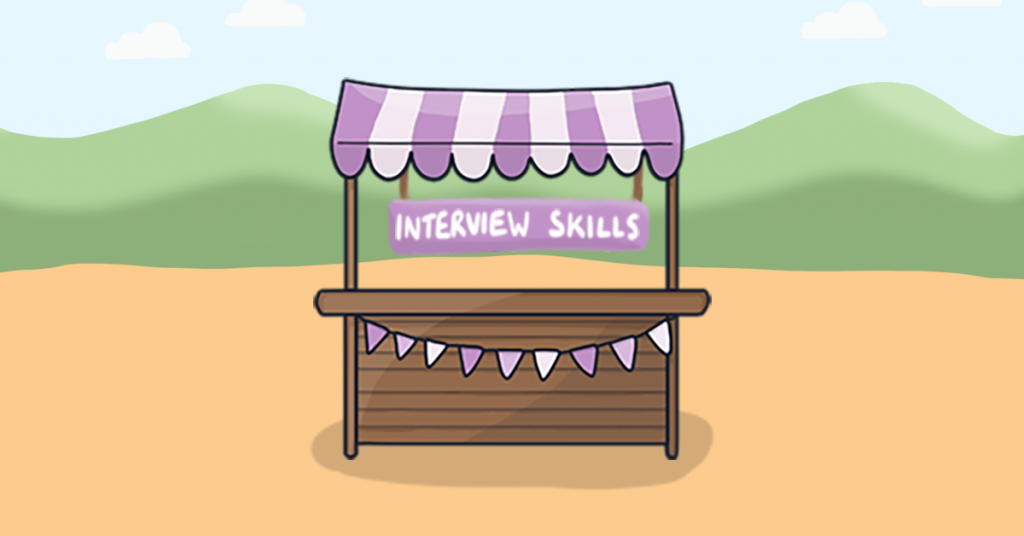 This is an illustration of the Interview Skills stall from our Careers Fayre map. The wooden stall has a purple and white striped roof with matching bunting.