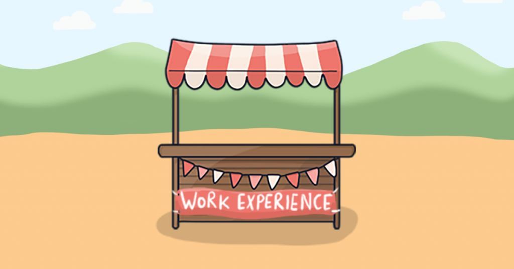 Illustration of the Work Experience stall from our Careers Fayre map. The wooden stall has a red and white striped roof with matching bunting.