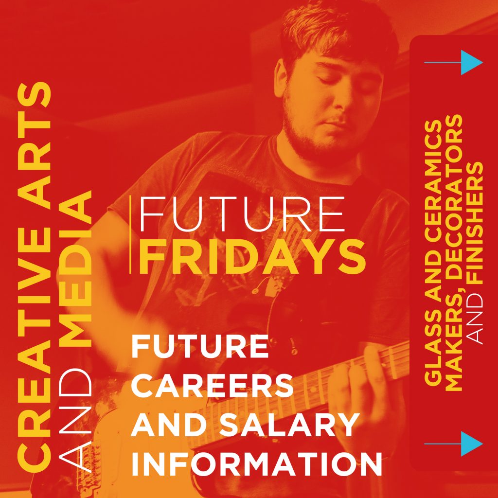 This is the cover page from Heart of Worcestershire's 'Future Fridays'. It reads: 'Creative Arts and Media. Future Fridays. Future Careers and Salary Information. Glass and Ceramics makers, decorators and finishers'. Click the download link below to view the full pdf.