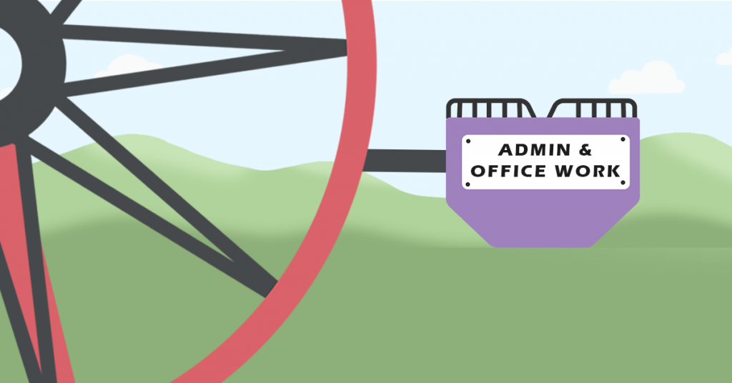 This is a picture of the red ferris wheel, with a purple passenger car with 'Admin & Office Work' on the side