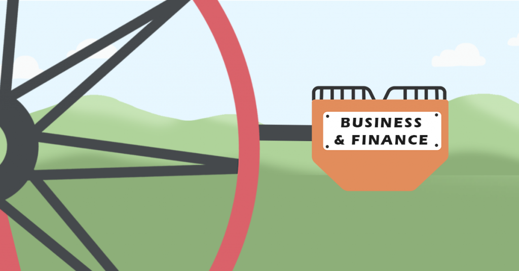 This is a picture of the red ferris wheel, with an orange passenger car with 'Business & Finance' on the side