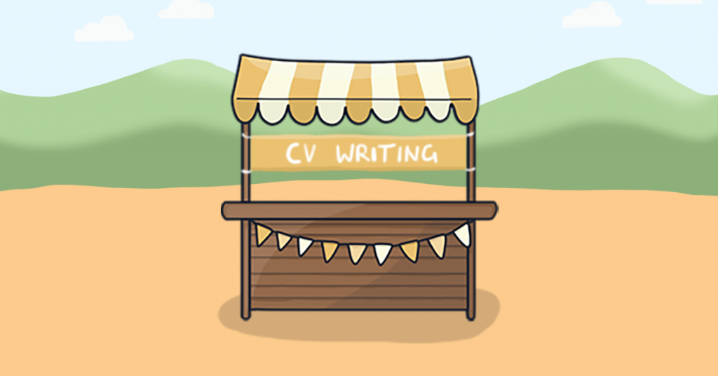 This is an illustration of the CV Writing stall from our Careers Fayre map. The wooden stall has a yellow and white striped roof with matching bunting.