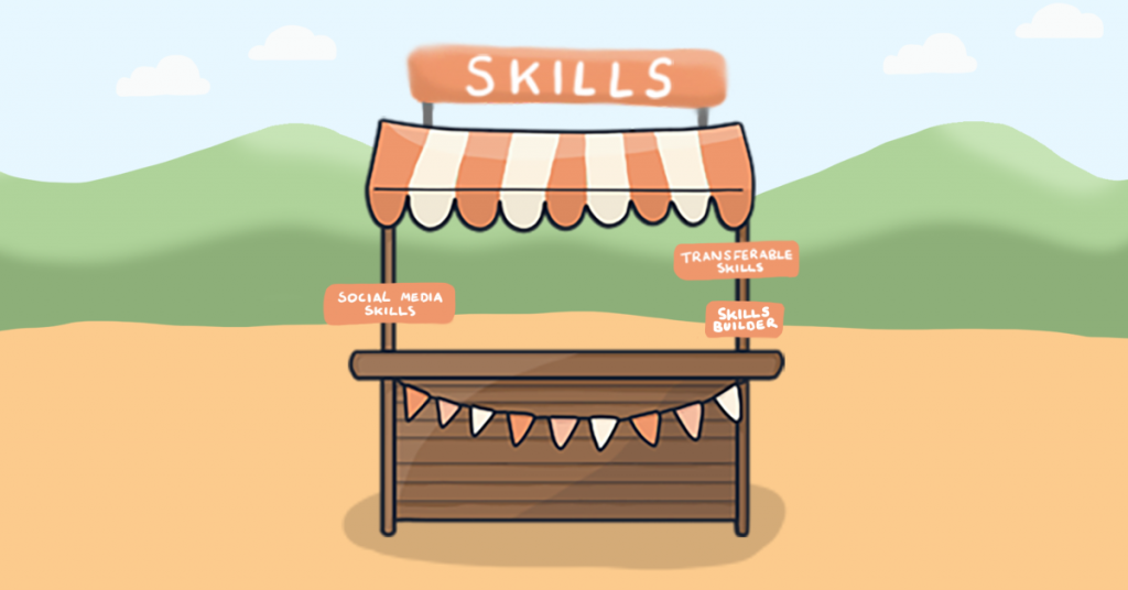 This is an illustration of the Skills stall from our Careers Fayre map. The wooden stall has an orange and white striped roof with matching bunting. There are smaller signs that say 'Transferable skills, skills builder and Social media skills' 