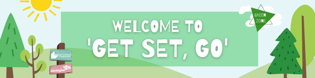 This is an image of the welcome banner for the 'Get Set, Go' zone. The grass is green as we are in the green zone. There are also trees, clouds and sunshine surrounding! It's giving off the festival feel! 