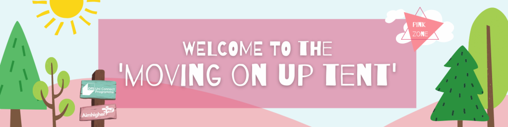 This is an image of the welcome banner for the 'Moving On Up Tent'.  The grass is pink as we are in the pink zone. There are also trees, clouds and sunshine surrounding! It's giving off the festival feel! 