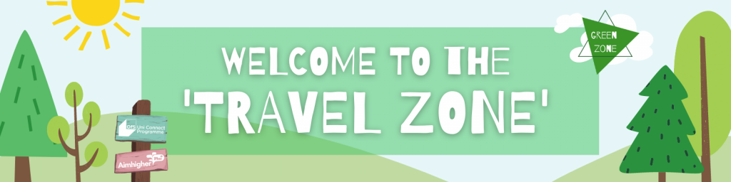 This is an image of the welcome banner for the 'Travel Zone'.  The grass is green as we are in the green zone. There are also trees, clouds and sunshine surrounding! It's giving off the festival feel! 