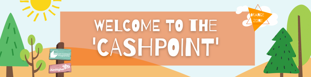 This is an image of the welcome banner for the "Cashpoint" zone. The grass is orange as we are in the orange zone. There are also trees, clouds and sunshine surrounding! It's giving off the festival feel! 