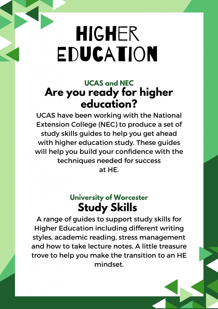 This is an image of a poster of study skills guides from UCAS and University of Worcester. These can be accessed in links below.